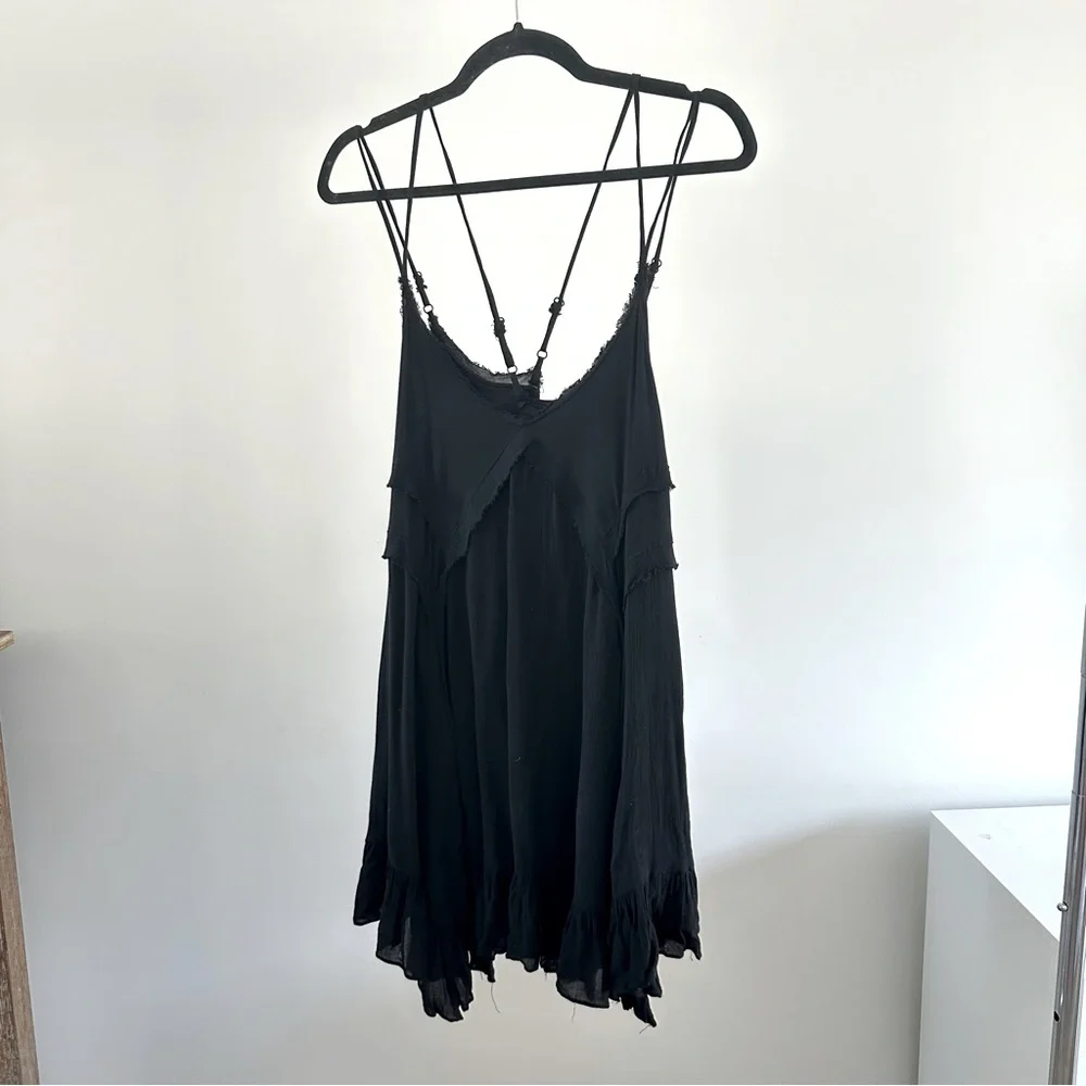 Black Flowy Layered Mini Dress Asymmetrical Hem Double Cross Back Straps Small - Picture 6 of 12